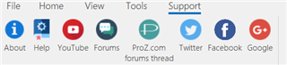 Trados Studio toolbar with File, Home, View, Tools, Support tabs and social media links for ProZ.com, YouTube, Forums, Twitter, Facebook, Google.