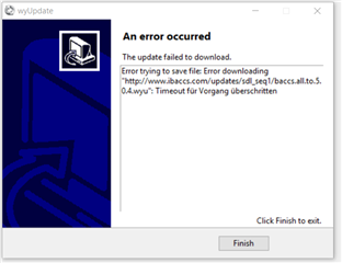 Error message in Trados Studio update dialog reading 'An error occurred. Error trying to save file: Error downloading URL Timeout for Vorgang uberschritten'.