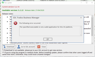 Error message in Trados Studio stating 'The following error occurred: The specified executable is not a valid application for this OS platform.' with an OK button.