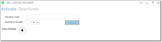 SDL License Manager window with 'Activate Deactivate' tab open, showing fields for 'Activation Code' and 'Quantity to Activate', and an 'Activate' button.