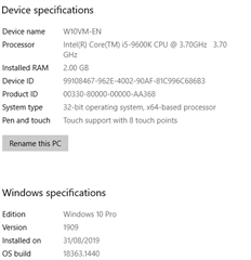 Device specifications showing Windows 10 Pro, Intel Core i5-9600K CPU, 8GB RAM, and system type 32-bit operating system, x64-based processor.