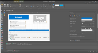 Screenshot of Trados Studio interface showing an invoice template in design view with color settings panel on the right.