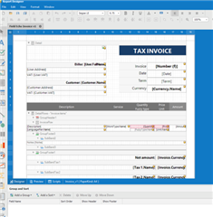 Screenshot of the 'Field Echo Invoice v1' template in the editor with 'Tax Invoice' title and color scheme changes.