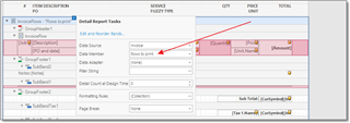 Trados Studio screenshot showing the Default Report Tasks with a red arrow pointing to the Data Source dropdown menu set to 'Rows to print'.