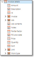 Screenshot of Trados Studio's Invoice details structure with fields such as Amount, Description, Job, Notes, PO and date, Price, Quantity, Unit, and Work type.