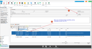 Trados Studio project editing form with an unchecked 'Synced' box. Arrows point to the box and the editable stats area, including a batch edit option.