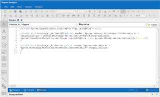 Screenshot of Trados Studio's Report Designer with a script tab open showing code to change date format to Japanese culture settings.