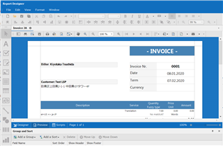 Preview of an invoice in Trados Studio's Report Designer with the date format unchanged, still displaying as DD.MM.YYYY.