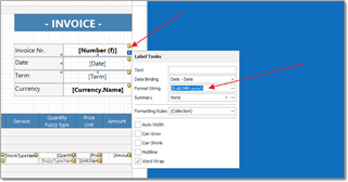 Screenshot of Trados Studio report designer showing an invoice template with fields for Invoice No., Date, Term, and Currency. A red arrow points to the Date field properties with a warning on the date format.