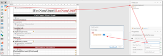 Screenshot of Trados Studio invoice template with highlighted fields for 'FirstName', 'LastName', and 'ProjectName'. A pop-up window for adding a new parameter is open with fields for Name and Type.