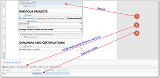 Trados Studio screenshot showing the Group and Sort panel at the bottom with an arrow pointing to 'Add a Sort' button and another arrow indicating where to click to select the desired field to sort by.