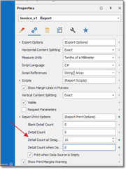 Properties window for 'Invoice_v1' report with a red arrow pointing to 'Detail Count' option under 'Report Print Options'.