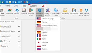 Trados Studio version 5 screenshot showing the 'Tools' menu expanded with 'Options' selected. A dropdown menu for 'Application Language' displays languages including English (United States), Spanish, French, Italian, Japanese, Polish, and Russian.