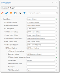 Trados Studio screenshot showing the Properties panel with Export Options expanded. Options include CSV, DOCX, HTML, Image, Native Format, PDF, and XLIFF. PDF Export Options is selected with 'Export editing fields to AcroForms' checkbox visible.