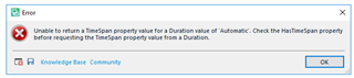 Error dialog box in SDL Trados Studio with message: Unable to return a TimeSpan property value for a Duration value of 'Automatic'. Check the HasTimeSpan property before requesting the TimeSpan property value from a Duration.