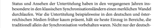 Excerpt from an academic publication in German discussing the status and perception of subtitling in synchronization studios over the years.