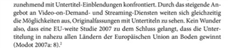 Continuation of the academic publication in German, mentioning the increasing confrontation with subtitle embedding and the rise of video-on-demand and streaming services.