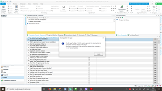 Trados Studio Editor view with a warning message window overlay stating 'The file type 'SubRip v.1.0.0' used to generate the document is not compatible with this release of the plugin.' The editor shows multiple segments of text in the background.