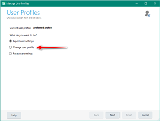 Trados Studio Manage User Profiles window with options to 'Export user settings' and 'Reset user settings'. An arrow points to 'Export user settings'.