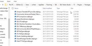 File Explorer window showing SDL Trados Studio 15 Plugins Packages folder with various plugin files listed by name, date modified, type, and size.