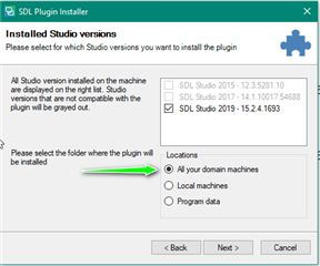 SDL Plugin Installer window with options to select which Studio versions to install the plugin for, with an arrow pointing to the folder selection.