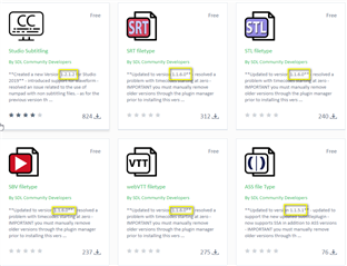 Screenshot of Trados Studio subtitle app options showing Studio Subtitling, SRT Filter, STL Filter, VTT Filter, and ASS File Type with 'Updated' labels and free price tags.