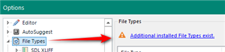 Trados Studio Options menu highlighting File Types with a notification that additional installed file types exist.