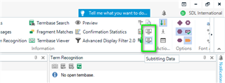 Trados Studio Editor with the subtitle preview and subtitling data options highlighted in the toolbar.