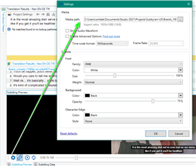 Subtitle Settings window in Trados Studio with options for media file, font, size, background, and character edge color.