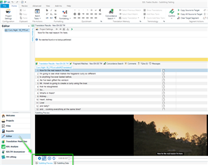 Trados Studio editor window with the Preview and Data tabs open, showing a video preview on the bottom right and subtitle text entries on the left.