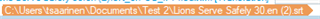 File path highlighted in Trados Studio showing 'C:UsersTaarninenDocumentsTest 2Lions Serve Safely 30.en (2).sdlxliff'.