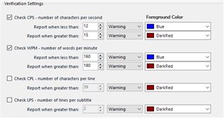 Trados Studio Verification Settings window showing unchecked options for CPL - number of characters per line and LPS - number of lines per subtitle. CPS and WPM options are checked with default values and warnings set to blue and dark red colors.