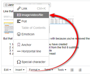 A screenshot of a forum post with instructions on how to edit and attach a file, with an arrow pointing to the attachment icon.