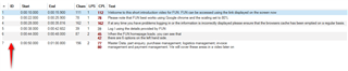 Trados Studio interface with an arrow pointing to subtitle ID#6 starting on segment #7 instead of segment #8 due to segmentation error.