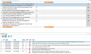 Trados Studio interface showing a warning message about undo functionality and a subtitle segment split into two with different time codes.