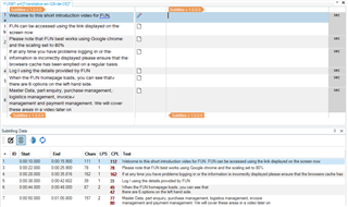 Trados Studio interface with an orange warning message regarding undo limitations and a subtitle segment split into two parts.