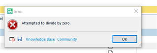 Error message window in Trados Studio displaying 'Attempted to divide by zero.' with an OK button and a link to Knowledge Base Community.