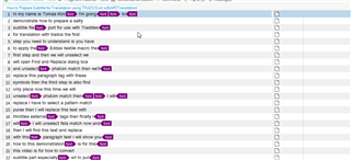 Trados Studio interface showing a list of translation segments with source and target columns. Some segments are highlighted indicating active translation or selection.