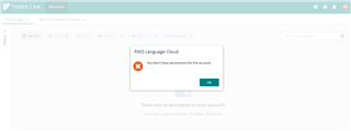 Trados Live error message popup saying 'You don't have permissions for this account' with an 'OK' button.