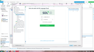 Screenshot of Trados Studio login window for SDL Language Cloud with non-editable email and password fields.