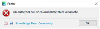 Error dialog box in Trados Studio with a red cross icon, stating 'Ein Aufrufziel hat einen Ausnahmefehler verursacht.' with options for Knowledge Base and Community, and an OK button.