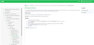 Screenshot of SDL Trados Live Essential guide on 'Editing termbases' with instructions listed and no visible errors.