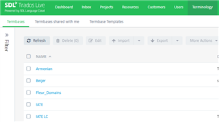 Screenshot of SDL Trados Live dashboard showing 'Termbases shared with me' with a list of termbases including 'Armenian', 'Beijer', 'Flavor_Domains', and 'LATE' with no selection made.