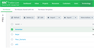 Screenshot of SDL Trados Live dashboard with 'Armenian' termbase selected and options to 'Refresh', 'Delete', 'Edit', 'Import', 'Export', and 'More Actions' available.