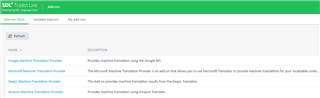 Screenshot of Trados Live Add-ons page, listing machine translation providers: Google, Microsoft, DeepL, and Amazon with descriptions.