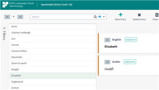 Screenshot of Trados Studio's Language Cloud Apothegm with English term 'Elizabeth' and its Arabic translation.