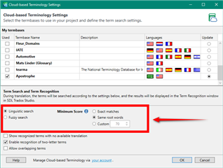 Trados Studio settings window highlighting the 'Minimum score' option for term recognition set to '70'.