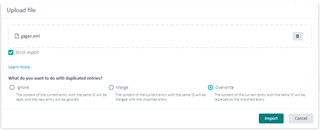 Screenshot of the 'Upload file' dialog in Trados Studio's Language Cloud with options to 'Overwrite' or 'Keep both' duplicate entries.