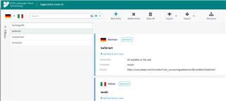 Screenshot of Trados Studio's Language Cloud showing a successfully created termbase with entries for 'German' and 'Italian'.