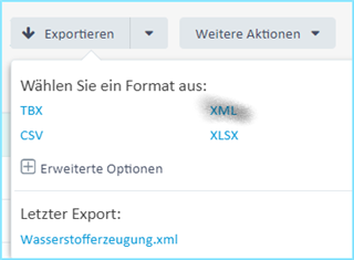 Trados Studio export options with XML format selected and a file named 'Wasserstoffzeugung.xml' listed as the last export.